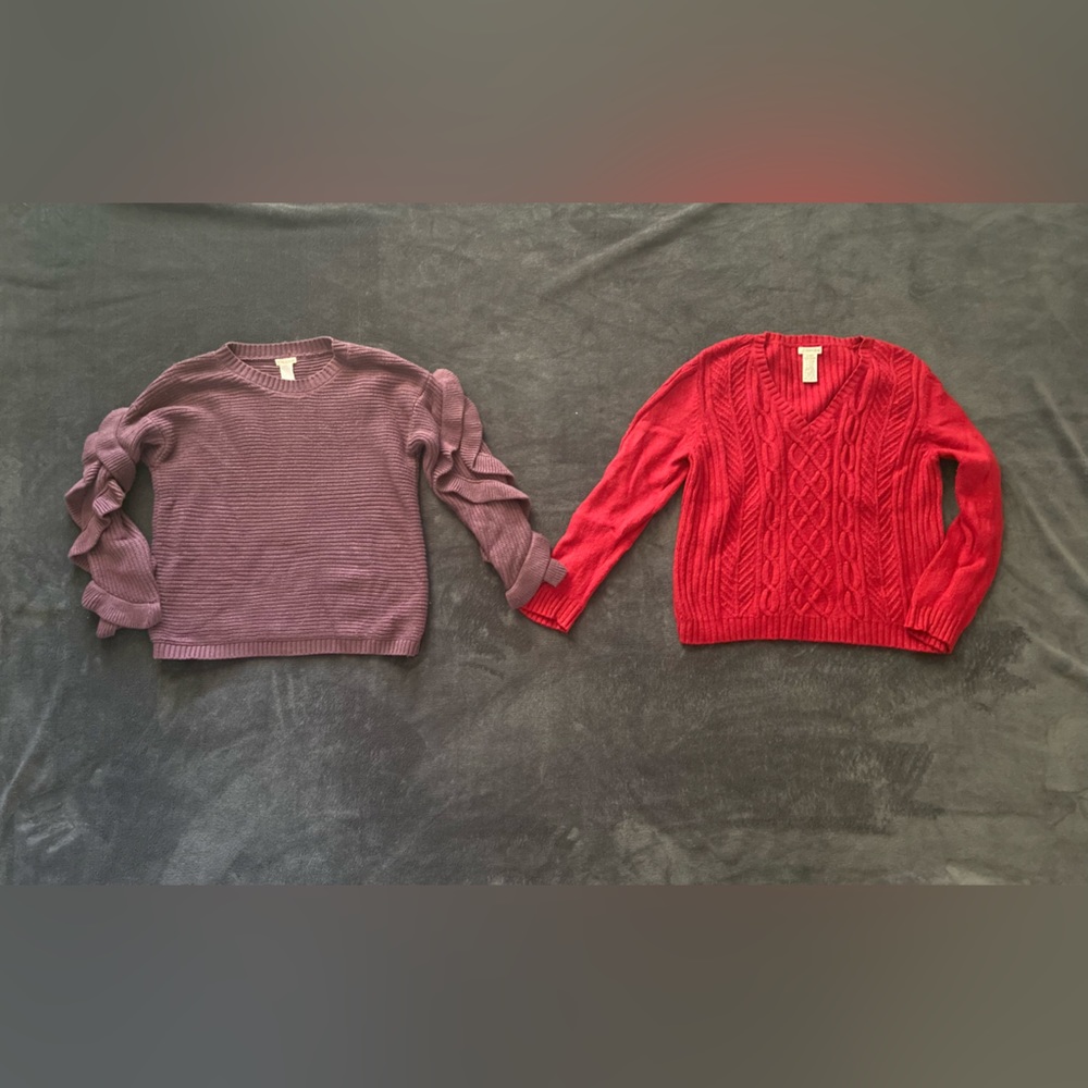 Two Winter Sweaters. 1. Purple ruffle sleeves sweater 2. Red V-neck sweater.